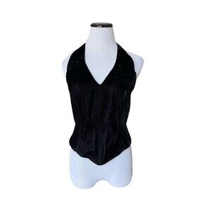 Vintage Y2K Gothic Crushed Velvet Halter Corset Top Size 16 Black Witchcore Vamp